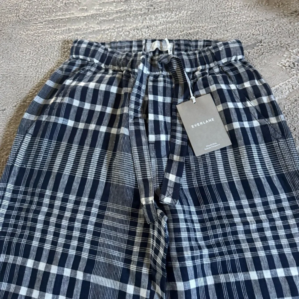 Everlane Plaid Linen Barrel Pant pull on checker navy white academia XXS new